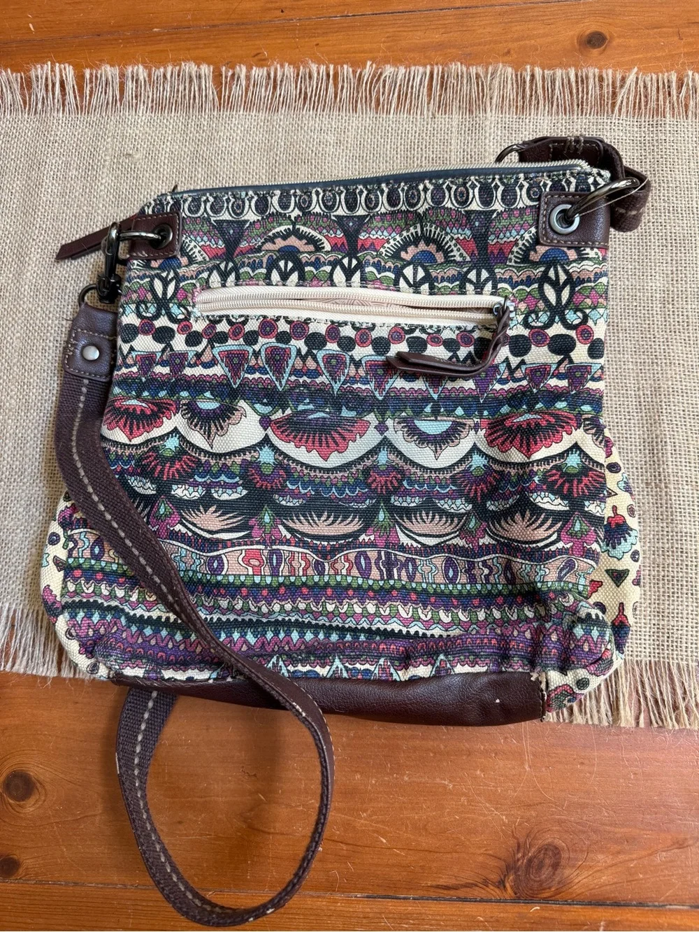 Sakroots Brown Canvas Crossbody with Multicolor Boho Print